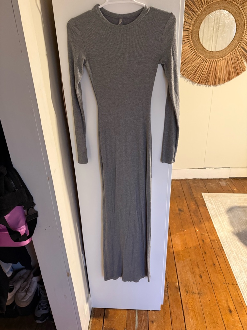 Skims Ribbed Long Sleeve Gray Maxi Dress
